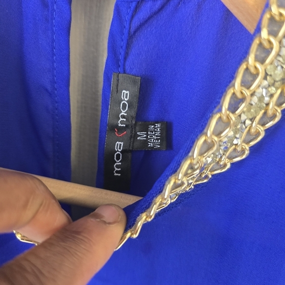 Moa Moa Royal Blue Tunic Sz M Women Embellished Collar Hi-Low Coastal - Picture 7 of 11